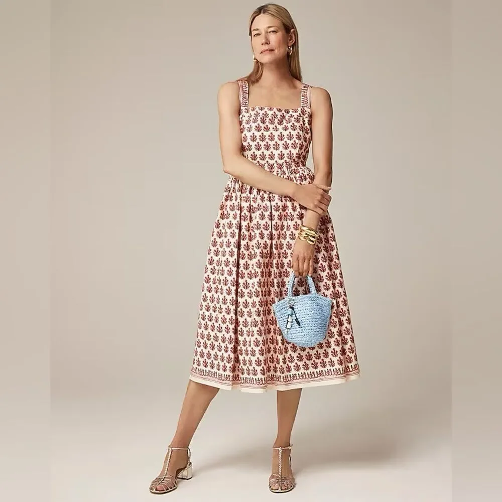 NWT J CREW Embroidered apron dress in block print in Warm Sesame Red